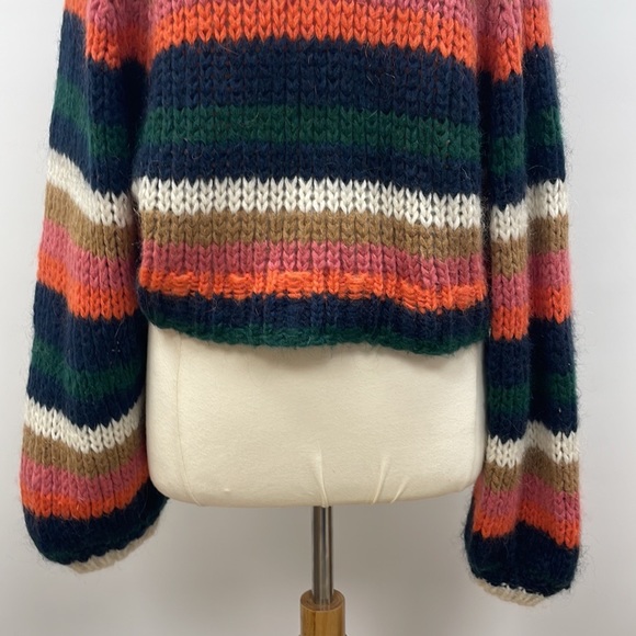 Zara Striped Slouchy Chunky Knit Balloon Sleeve Crop Sweater Retro Boho Small - Picture 5 of 12